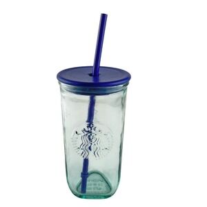 Starbucks RECYCLED GLASS Cold Cup Grande Rectangle Bottom Blue Lid Straw  16 oz